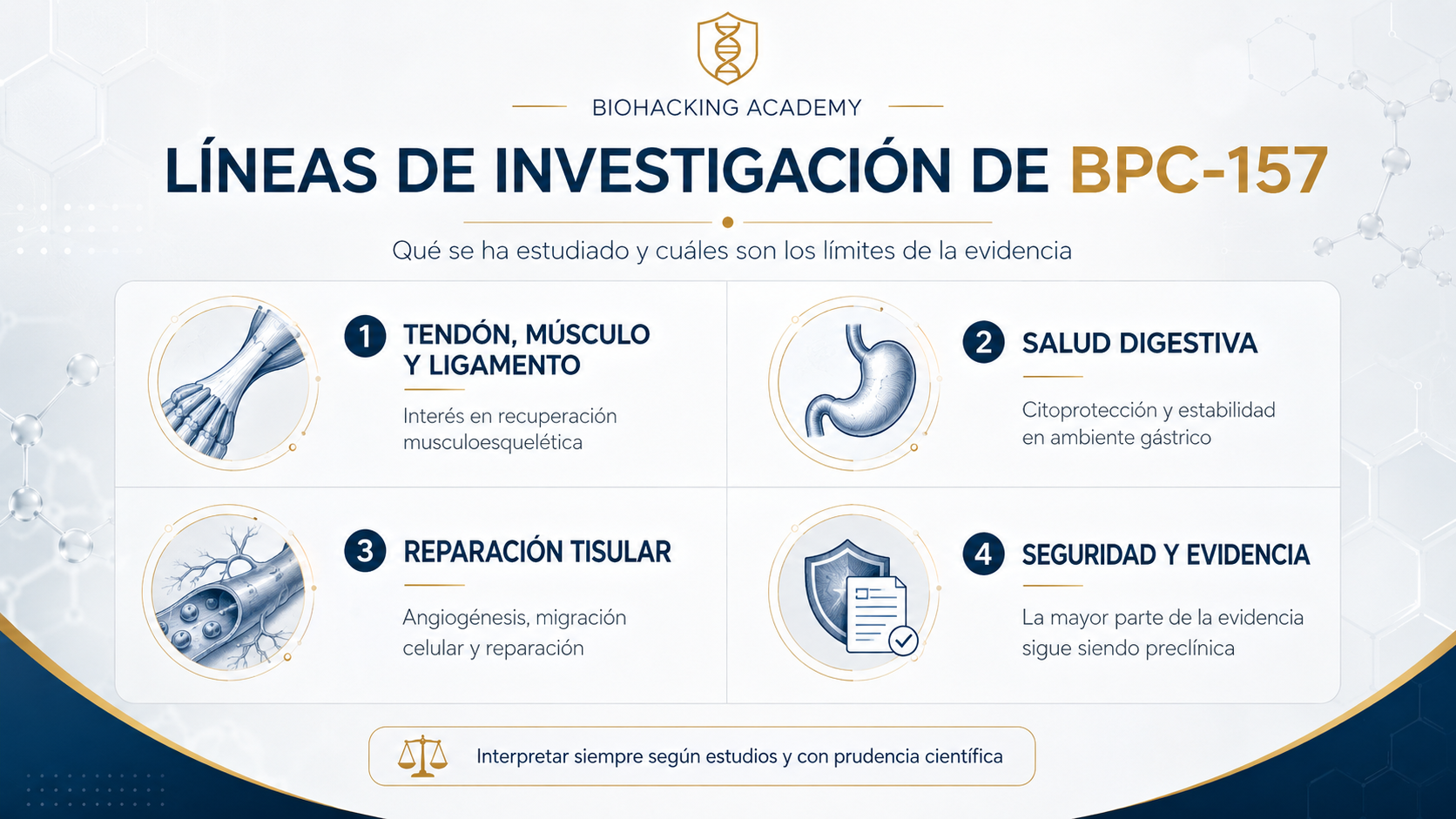 Líneas de investigación de BPC-157: tejidos, salud digestiva, reparación y límites de la evidencia